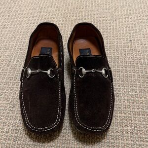 To Boot Chocolate Suede Loafers with silver buckle